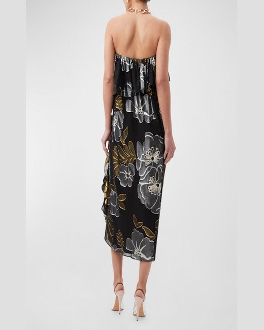 Trina Turk Black Itsuki Strapless Floral-Print Ruffle Midi Dress