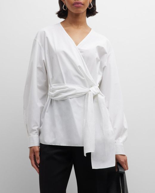 Lafayette 148 New York Stretch Cotton Wrap Blouse in White | Lyst
