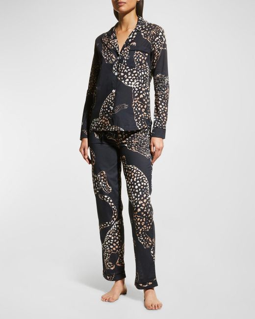 Desmond & Dempsey Black The Jag Print Cotton Long Pajama Set