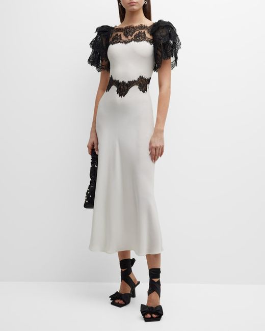 Rodarte Silk Crepe Dress With Black Rose Lace Details in White | Lyst