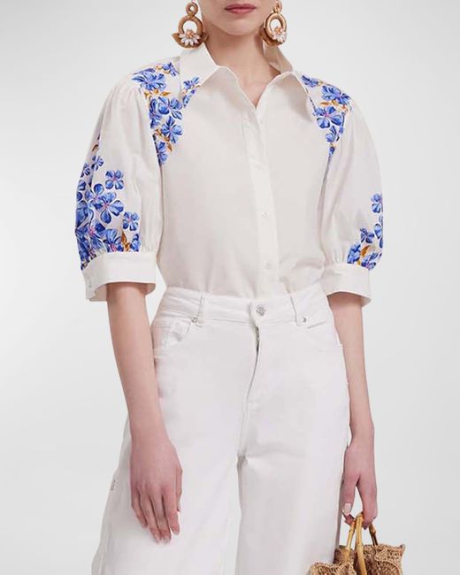 Anne Fontaine White Heloise Puff-Sleeve Floral-Print Poplin Shirt