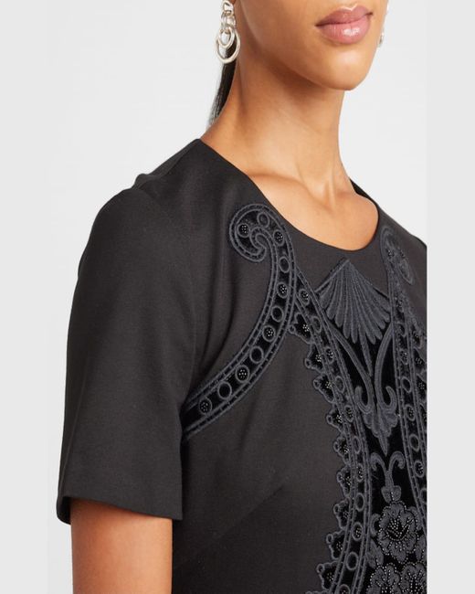 Kobi Halperin Black Blaine Velvet Embroidered Short-Sleeve Dress