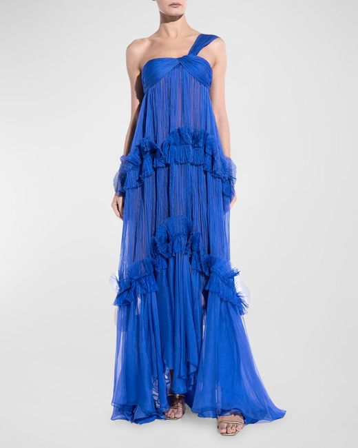 Maria Lucia Hohan Blue Celstia Plisse Ruffle Empire-Waist One-Shoulder Gown