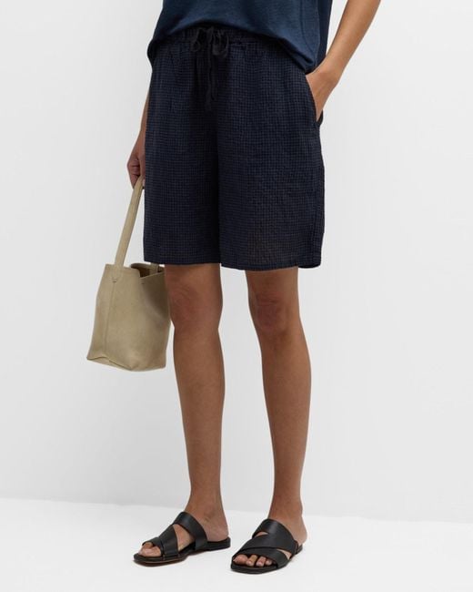 Eileen Fisher Blue Puckered Check Organic Linen Shorts