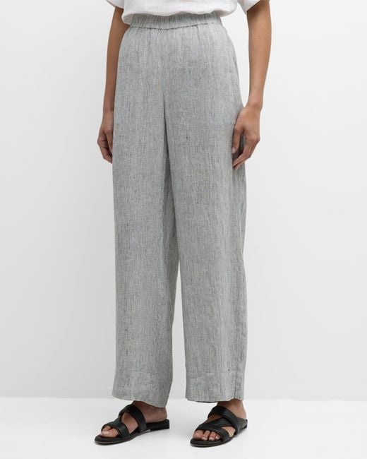 Eileen Fisher Gray Striped Wide-Leg Organic Linen Pants
