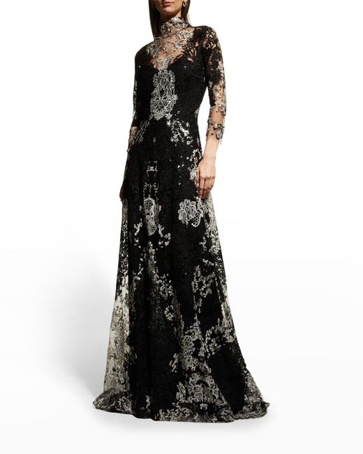 Naeem Khan Mock-neck Sequin Embroidered Gown in Black | Lyst