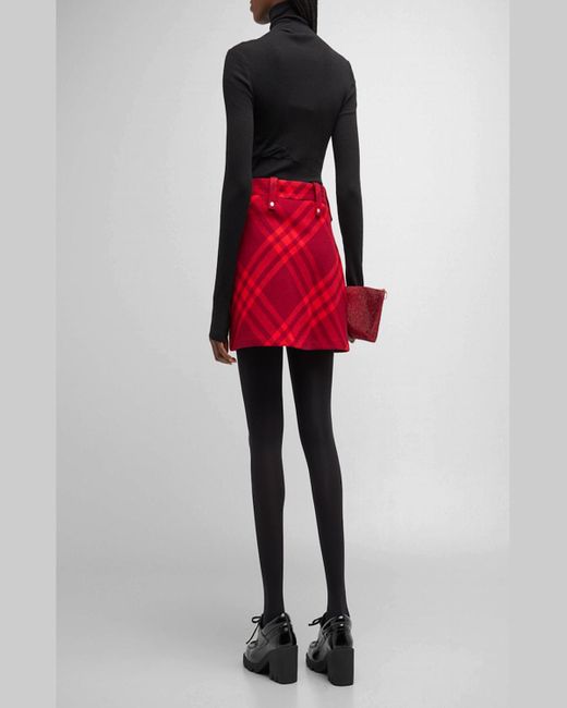 Burberry Red Check Pleated Wool Mini Wrap Skirt