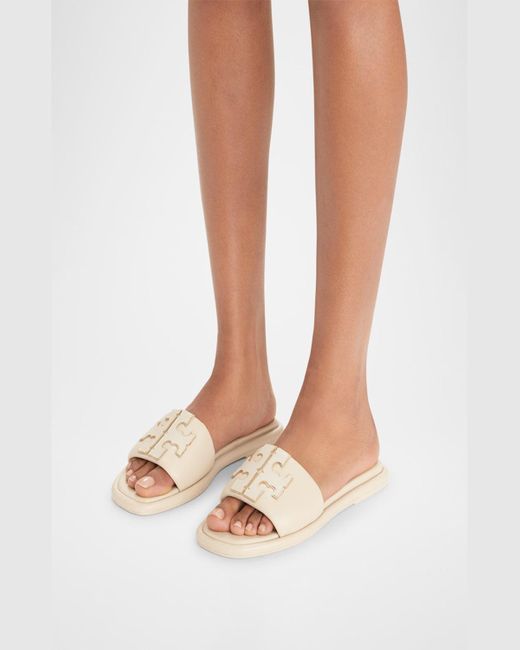Tory Burch White Double T Leather Medallion Slide Sandals
