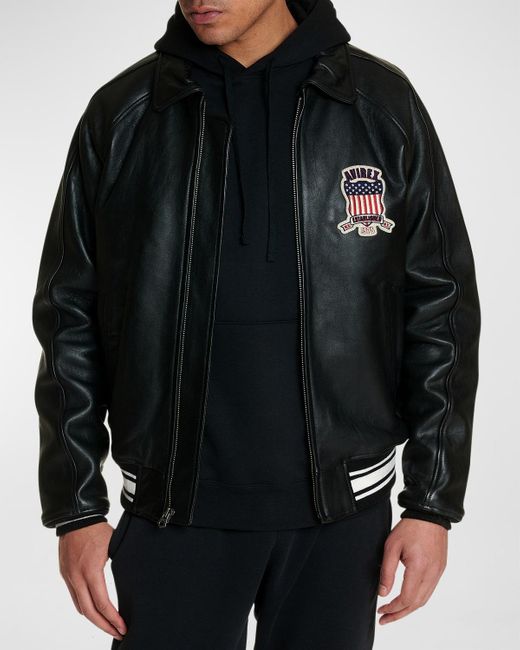 Avirex Black Icon Logo Leather Bomber Jacket for men