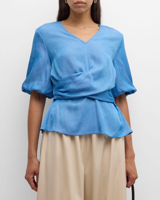 Misook Blue Woven Crossover Puff-Sleeve Blouse
