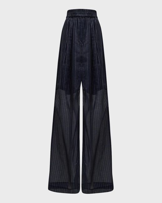 Brunello Cucinelli Blue Metallic Pinstripe Cotton Gauze Pleated Wide-leg Pull-on Pants