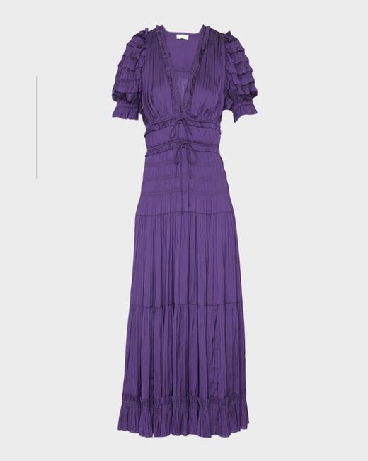 Ulla Johnson Purple Carine Plisse V-neck Midi Dress