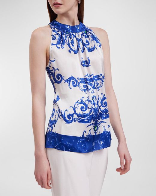 Anne Fontaine Blue Prado Arabesque Silk Halter Top