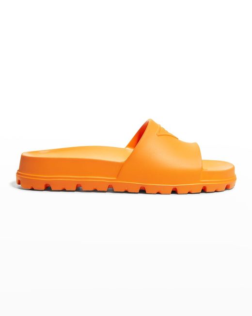 Prada Orange Rubber Logo Pool Sandals
