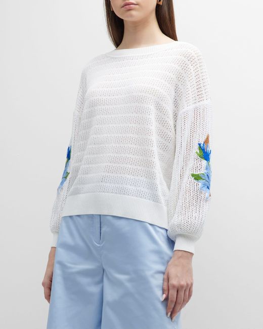 Misook White Embroidered Pointelle Knit Sweater