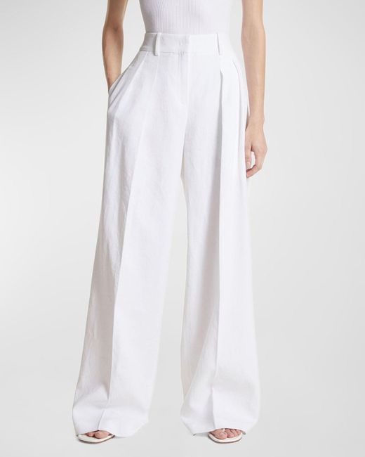 Michael Kors White Sandwashed Linen Pleated Slouch Trousers