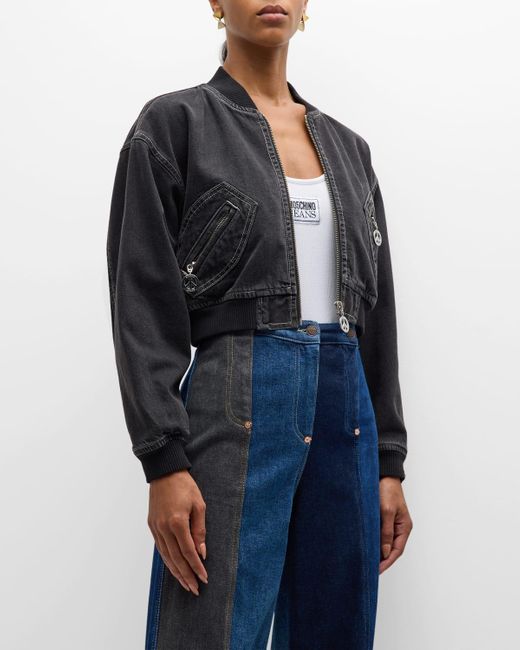 Moschino Jeans Blue Cropped Recycled Denim Bomber Jacket