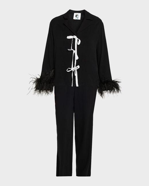 Sleeper Black Cropped Feather-Cuff Viscose Pajama Set