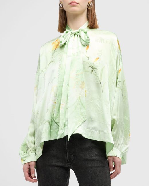 Balenciaga Green Scarf-neck Fluid Logo Jacquard Vareuse Shirt