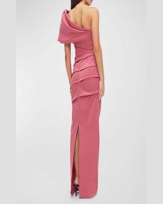 Rachel Gilbert Pink Kat Draped One-Shoulder Column Gown