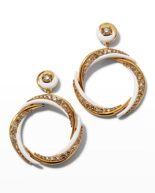 Etho Maria Metallic 18k Yellow Gold Brown Diamond And White Enamel Earrings