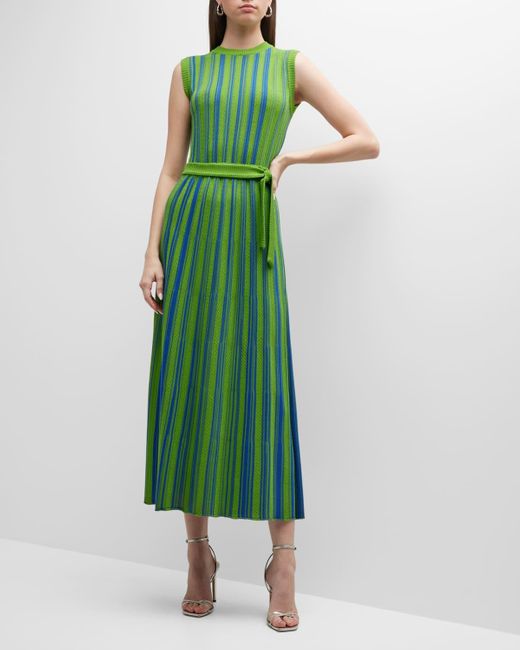 Misook Green Belted Sleeveless Striped Midi Dress