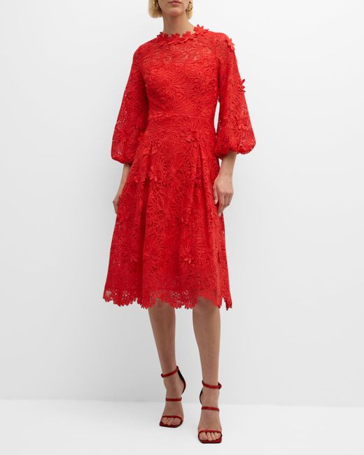 Teri Jon Red Blouson-Sleeve Floral Lace Midi Dress
