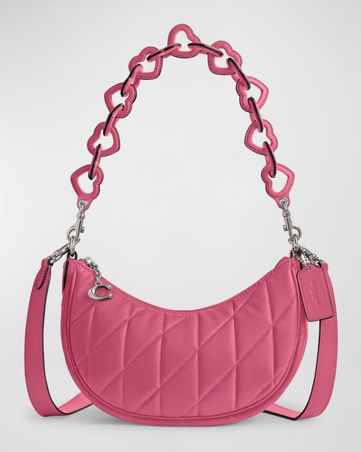 COACH Pink Mira Quilted Pillow Leather Shoulder Bag With Heart Strap