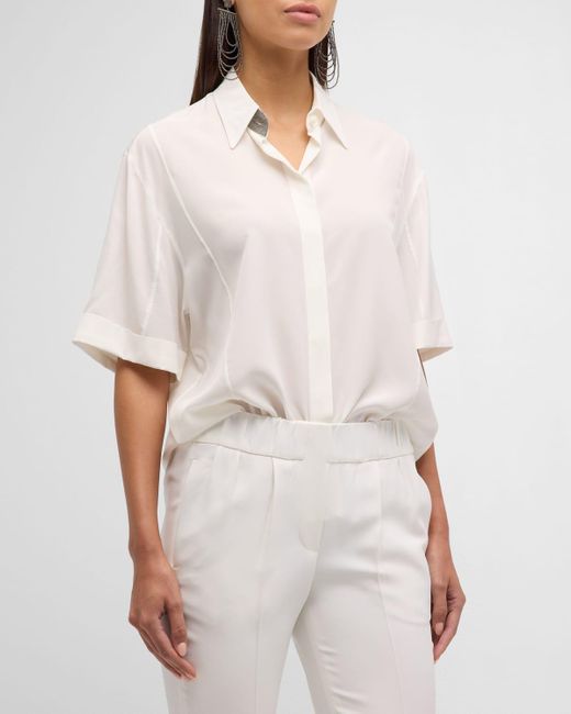 Brunello Cucinelli White Monili-trim Short-sleeve Cotton Poplin Shirt