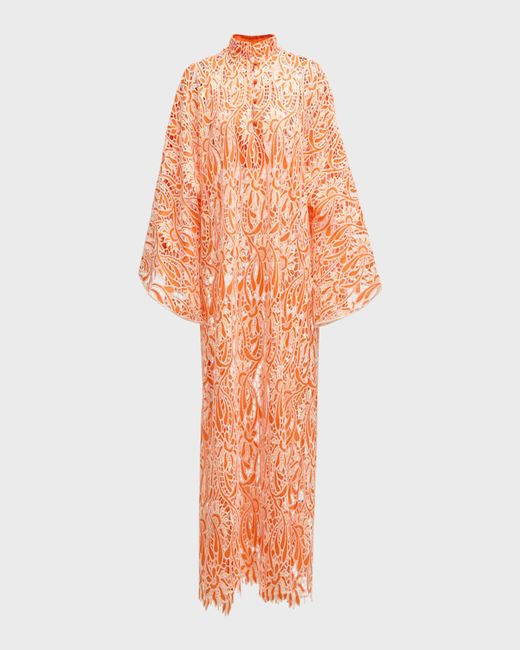 La Vie Style House Orange Flare-Sleeve Floral Lace Midi Caftan
