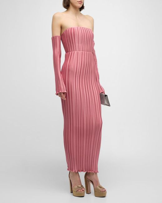 L'idée Pink Gatsby Pleated Strapless Cold-Shoulder Gown