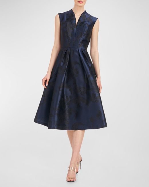 Kay Unger Blue Hadley Pleated Floral Jacquard Midi Dress