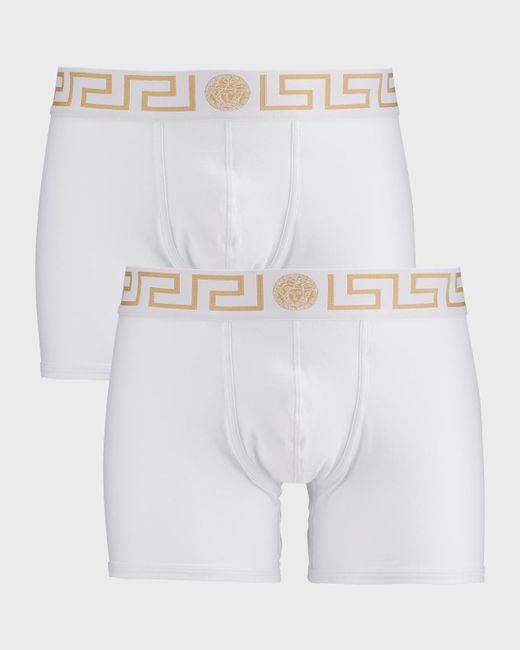 Versace White Two-pack Greca Border Long Boxer Trunks for men