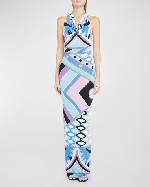 Emilio Pucci Blue Abstract-Print Backless Halter Maxi Dress