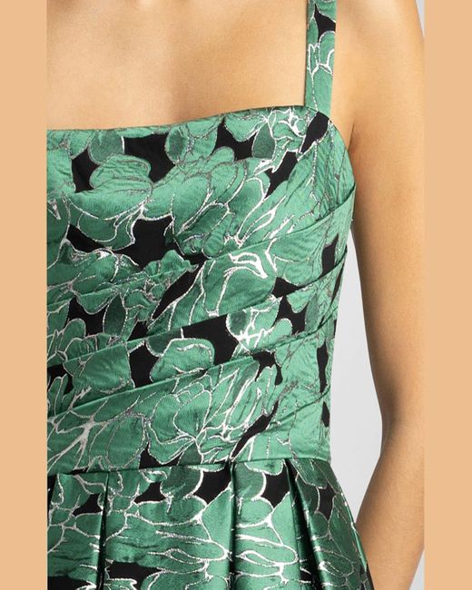 Zac Posen Green Pleated Metallic Floral Jacquard Midi Dress