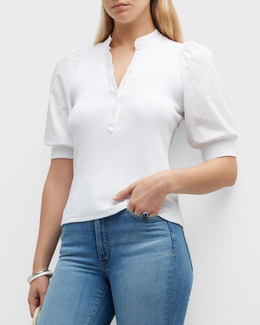 Veronica Beard White Coralee Puff Sleeve Button-Front Top