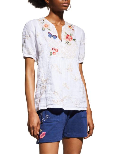 Johnny Was White Jailyn Embroidered Puff-sleeve Weekend Top