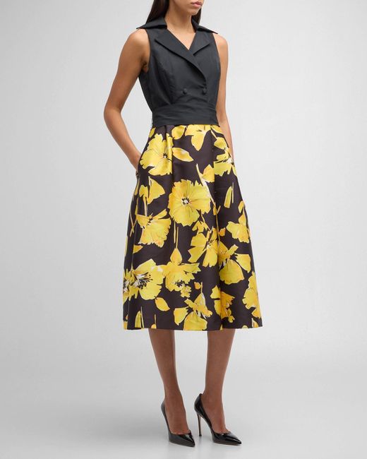 Teri Jon Yellow Sleeveless Floral-Print Taffeta Midi Shirtdress