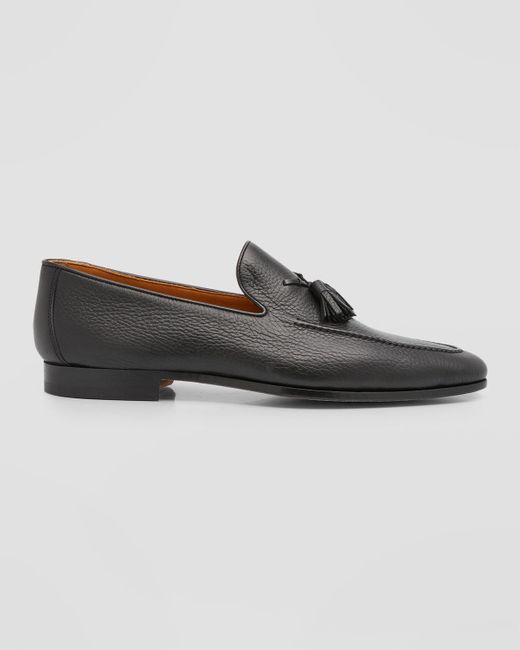 Magnanni Shoes Black Seneca Grained Leather Tassel Loafers for men