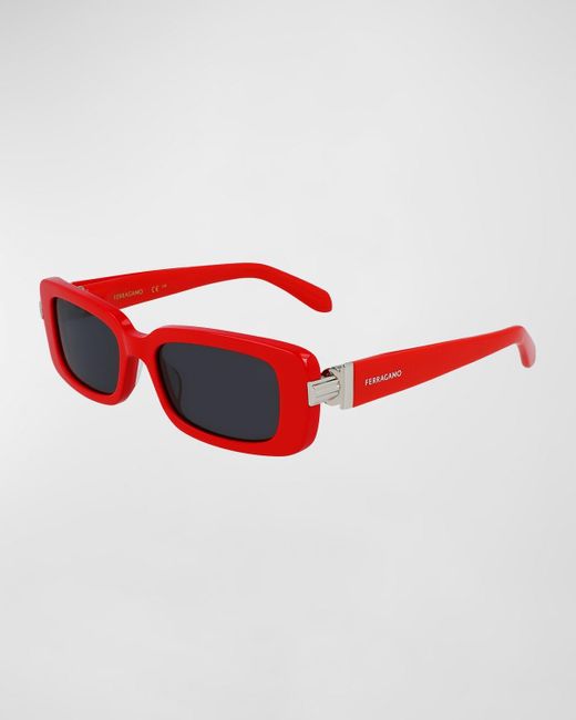 Ferragamo Red Gancini Evolution Acetate & Metal Rectangle Sunglasses
