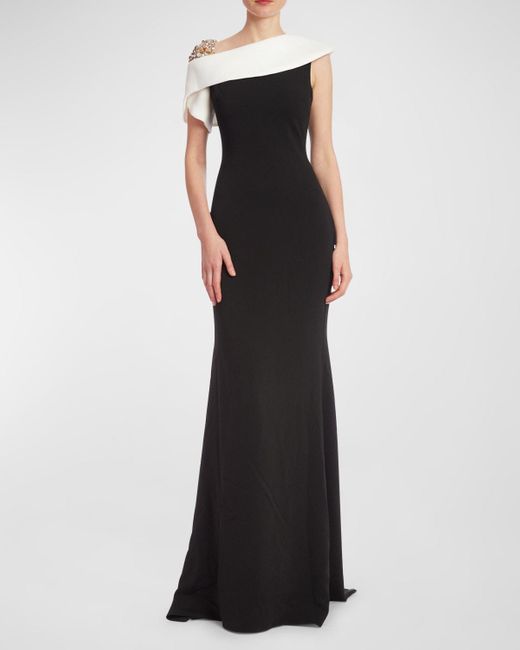 Badgley Mischka Black Asymmetric Rhinestone-Embellished Gown