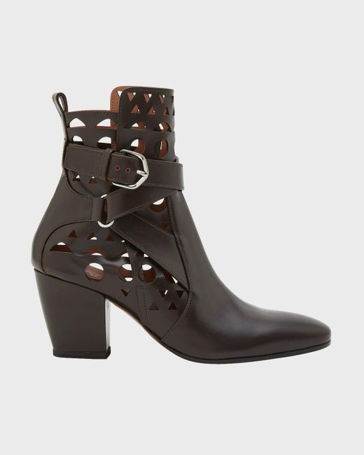 Alaïa Brown Cutout Leather Buckle Ankle Boots