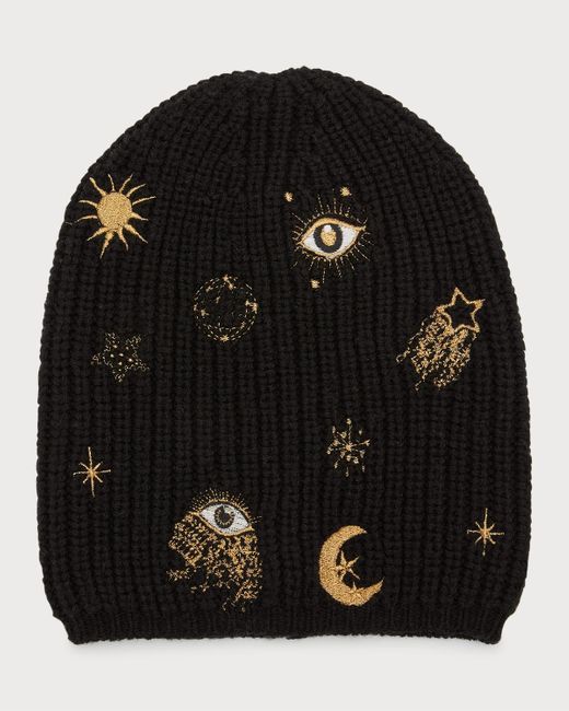 Carolyn Rowan Black Celestial Embroidered Ribbed Merino Wool Beanie