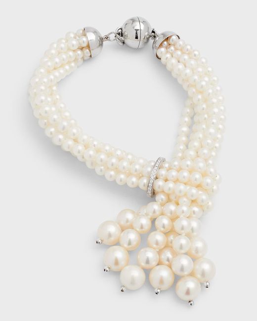 Utopia White Six-strand Pearl Tassel Bracelet With Diamonds