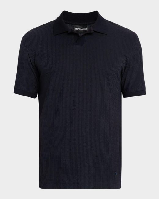 Emporio Armani Blue Chain Stitch Jacquard Knit Polo Shirt for men