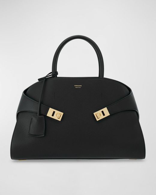 Ferragamo Black Hug Gancini Medium Leather Top-Handle Bag