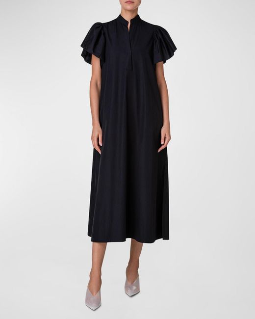 Akris Punto Black Mandarin-collar Flutter-sleeve Cotton Popeline Midi Dress
