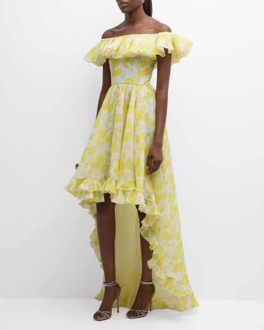 Giambattista Valli Metallic Floral-Print Ruffle Off-The-Shoulder Silk Georgette High-Low Dress