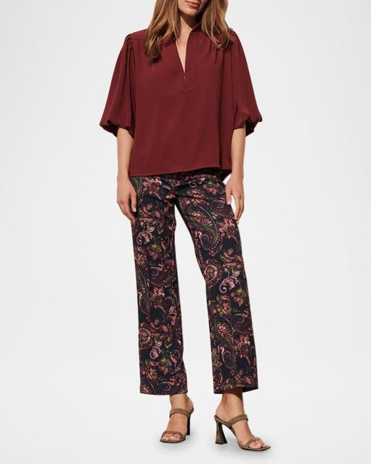 Figue Red Dani Lantern-Sleeve Split-Neck Top