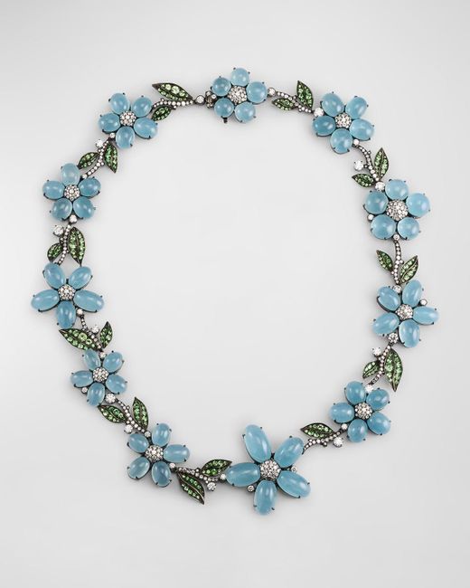 Cicada Jewelry Blue Diamond, Garnet, And Aquamarine Flower Necklace